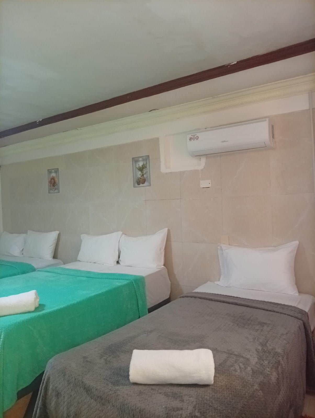 Habitación de hotel con dos camas, cada una con ropa blanca y un edredón verde en una de ellas. Se observa un equipo de aire acondicionado de pared sobre las camas.