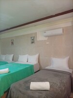 Habitación de hotel con dos camas, cada una con ropa blanca y un edredón verde en una de ellas. Se observa un equipo de aire acondicionado de pared sobre las camas.