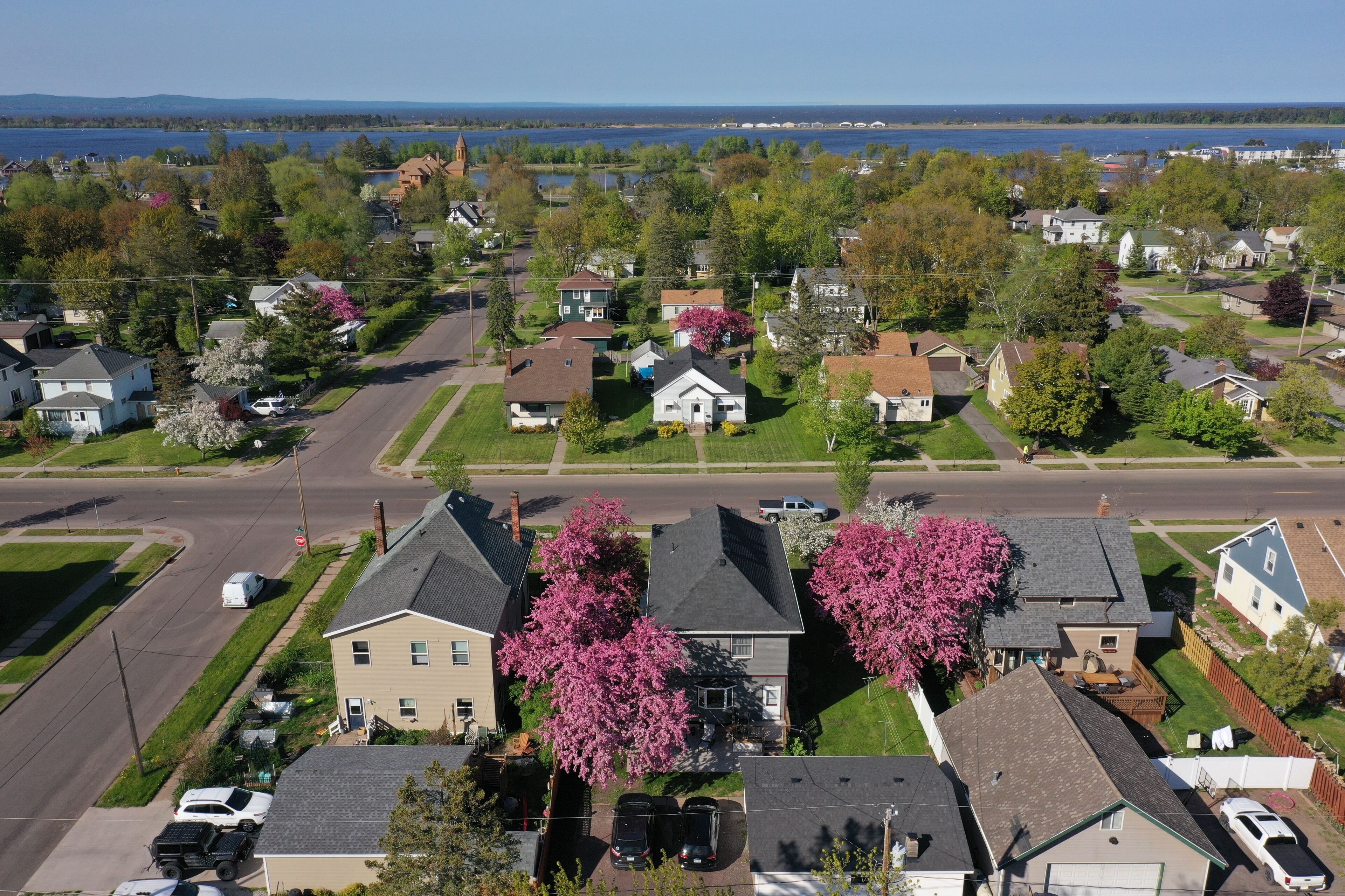 A residential area with houses, a road, and a body of water in the background.