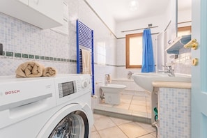 Shower, hair dryer, bidet, towels