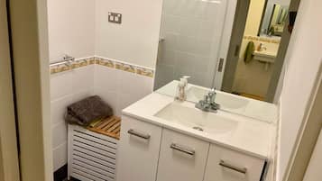 Shower, hair dryer, bidet, towels