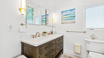 Hair dryer, bidet, towels, soap