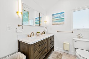 Hair dryer, bidet, towels, soap