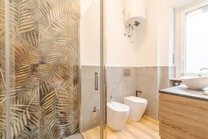 Shower, hair dryer, bidet, towels