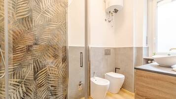 Shower, hair dryer, bidet, towels