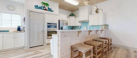 Fridge, microwave, oven, dishwasher