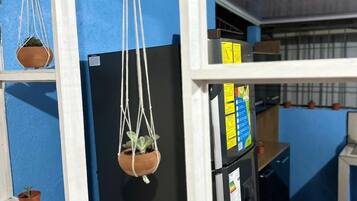 Fridge, microwave, cookware/dishes/utensils