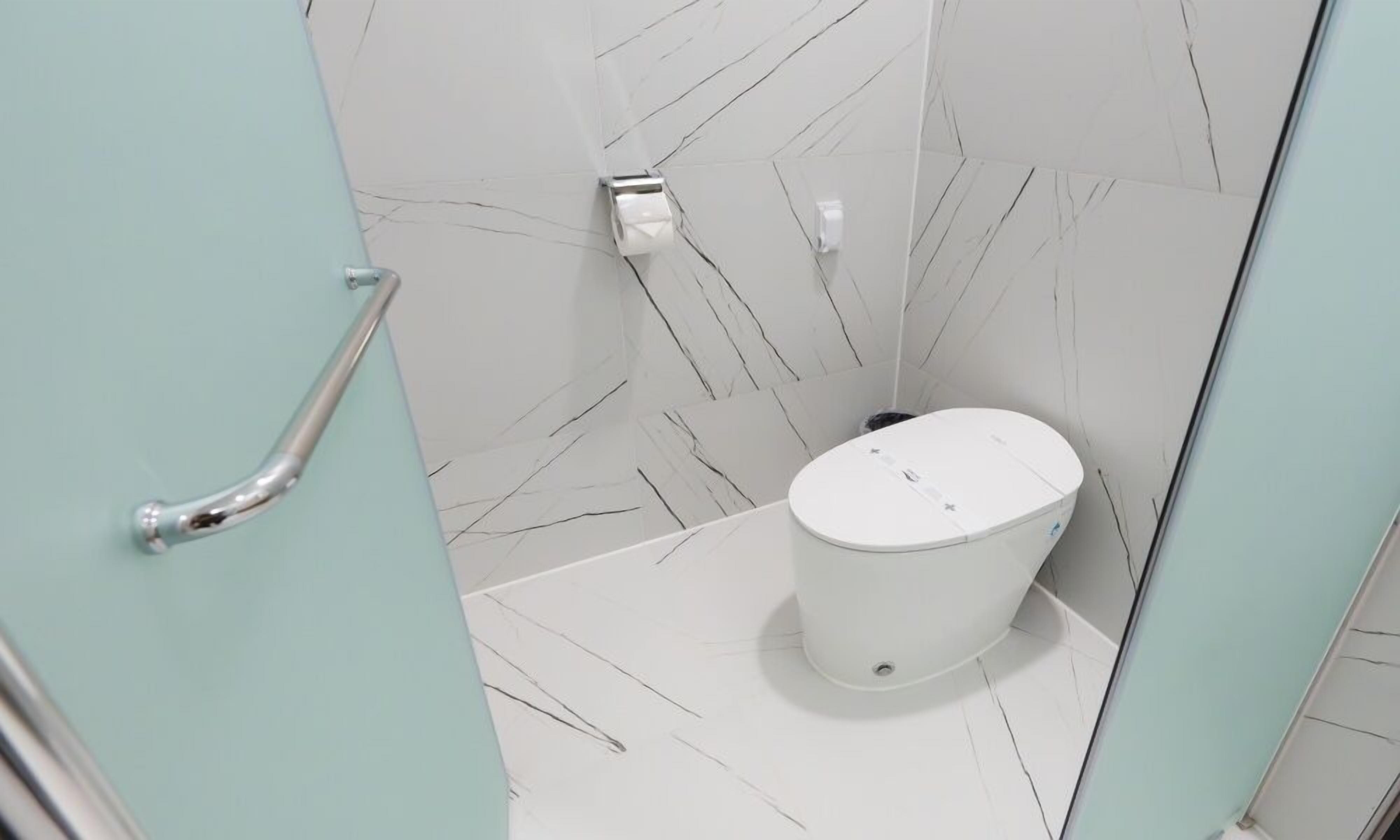 A bathroom with a white toilet, a handrail, and a marble-patterned wall.