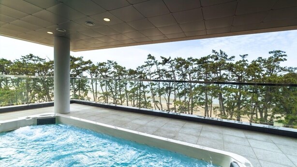 A rooftop swimming pool with a view of a beach and trees. - DONGHO BEACH HOTEL (Gochang)