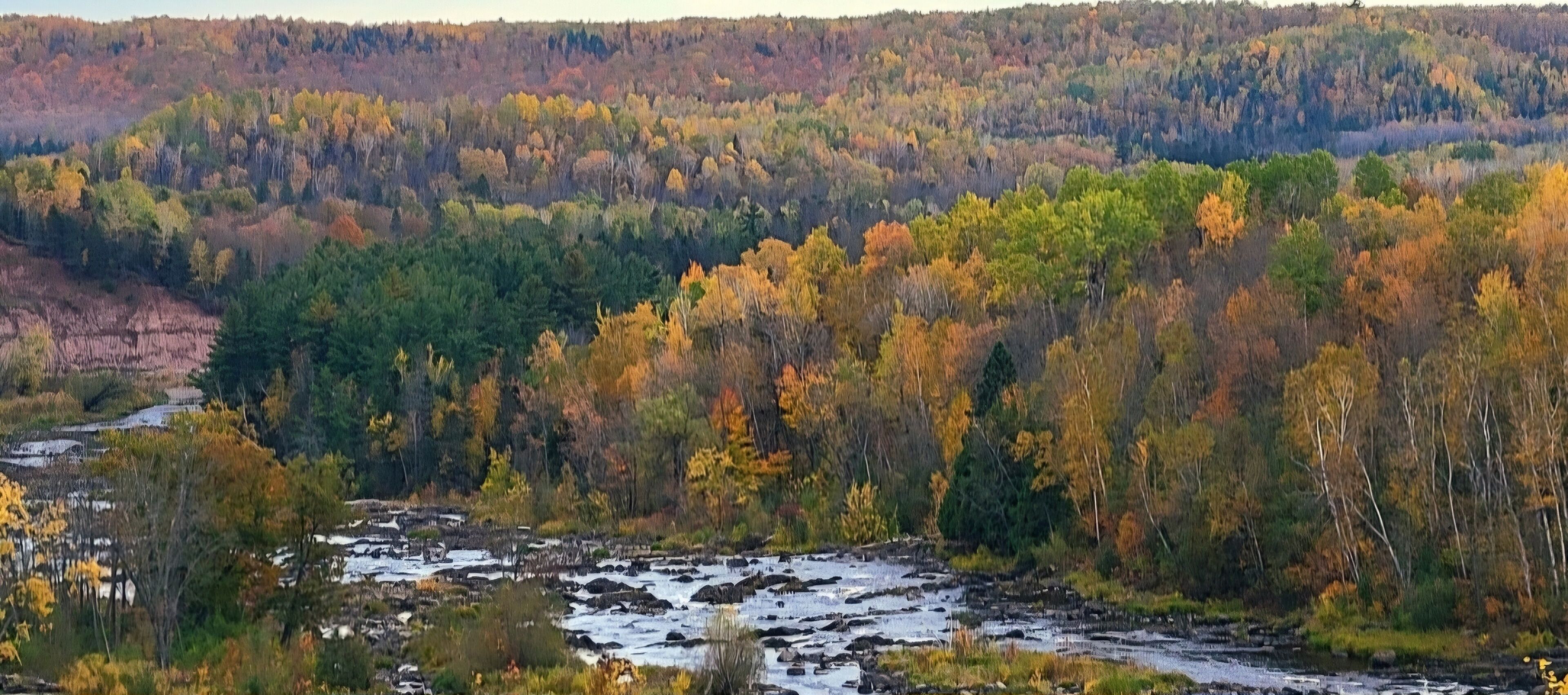 Un paisaje natural con un río, un bosque denso y terreno rocoso.