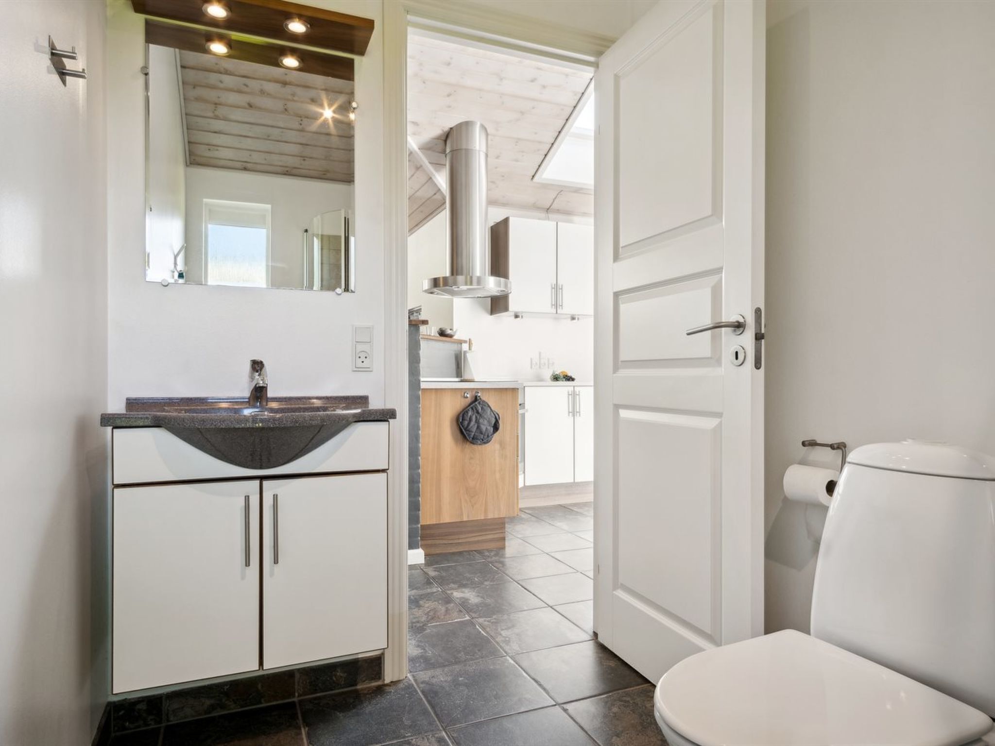 A modern bathroom with a white toilet, a sink with a curved basin, and a mirror above the sink.