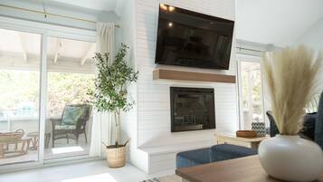 Smart TV, fireplace, video games, books