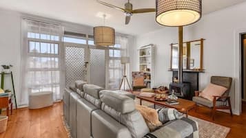 Smart TV, fireplace, books