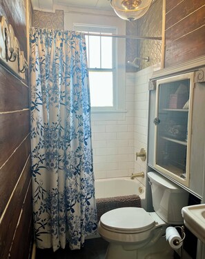 Un baño con inodoro, lavabo y zona de ducha.