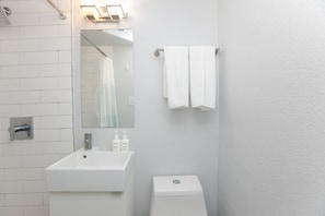 Douche, sèche-cheveux, serviettes fournies, shampoing