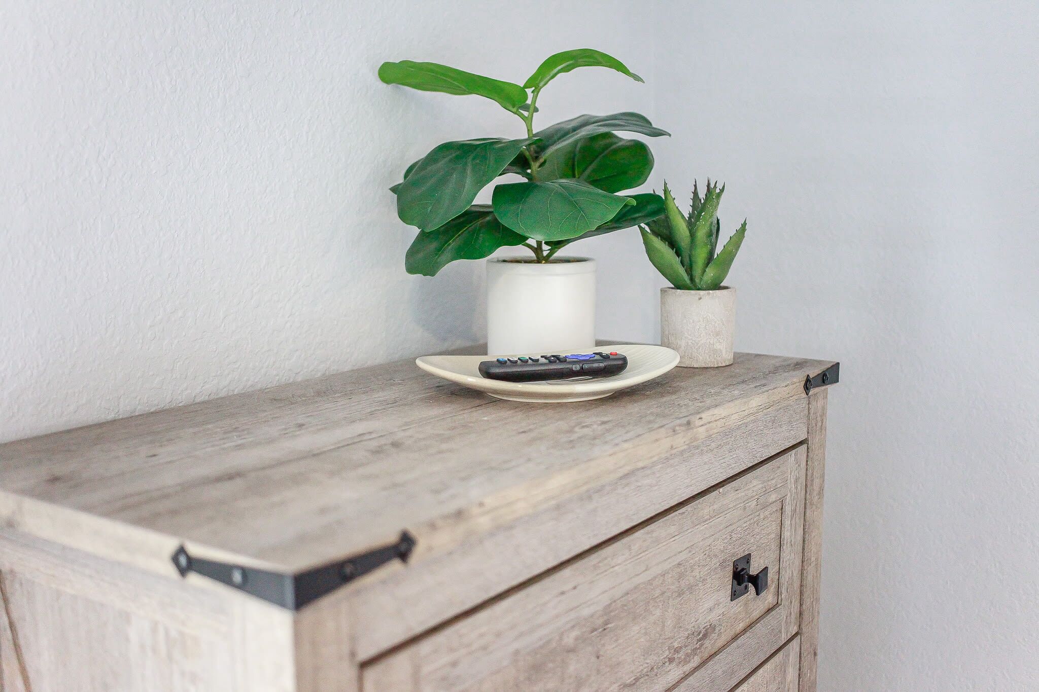 A wooden cabinet with a remote control on top, accompanied by two potted plants.