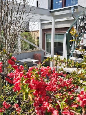 A modern building with a covered outdoor area, a staircase, and a garden with red flowers. - Apartment Near the Beach with Private Terrace and Wi-Fi (Heringsdorf)