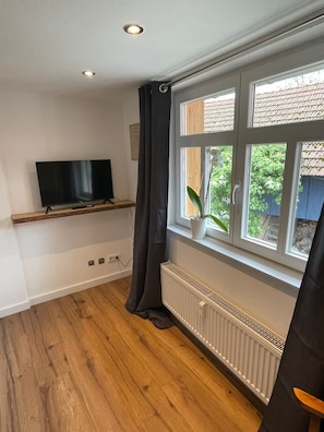 Ein Zimmer mit Fernseher auf einer Ablage, einem Fenster mit Blick auf Grünflächen und einer Heizung.