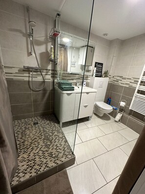 Douche, sèche-cheveux, serviettes fournies, savon