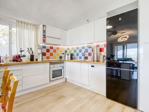 Fridge, oven, dishwasher, cookware/dishes/utensils