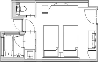 Plano de planta con baño, cocina y sala de estar.