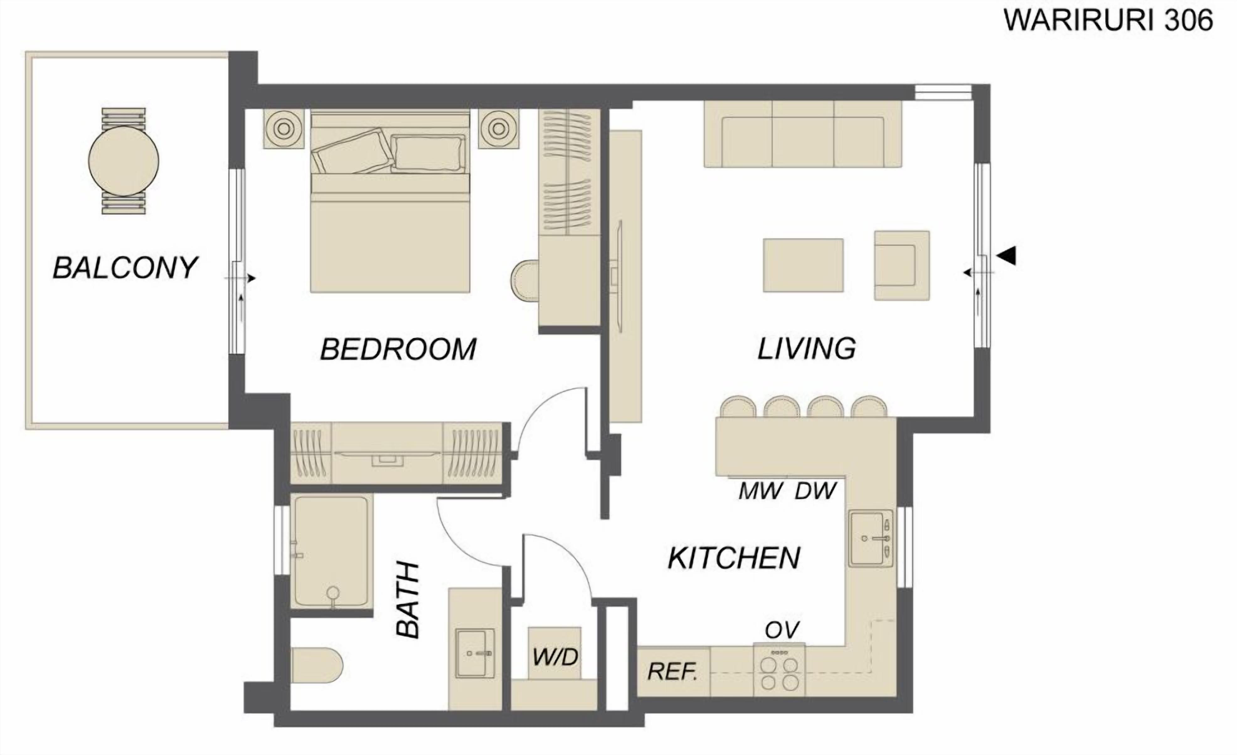 A floor plan of a hotel room with a balcony, bedroom, living area, kitchen, and bathroom.