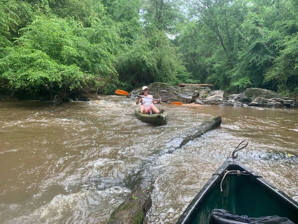 Une personne pratiquant le kayak sur une rivière, entourée d’une végétation luxuriante.