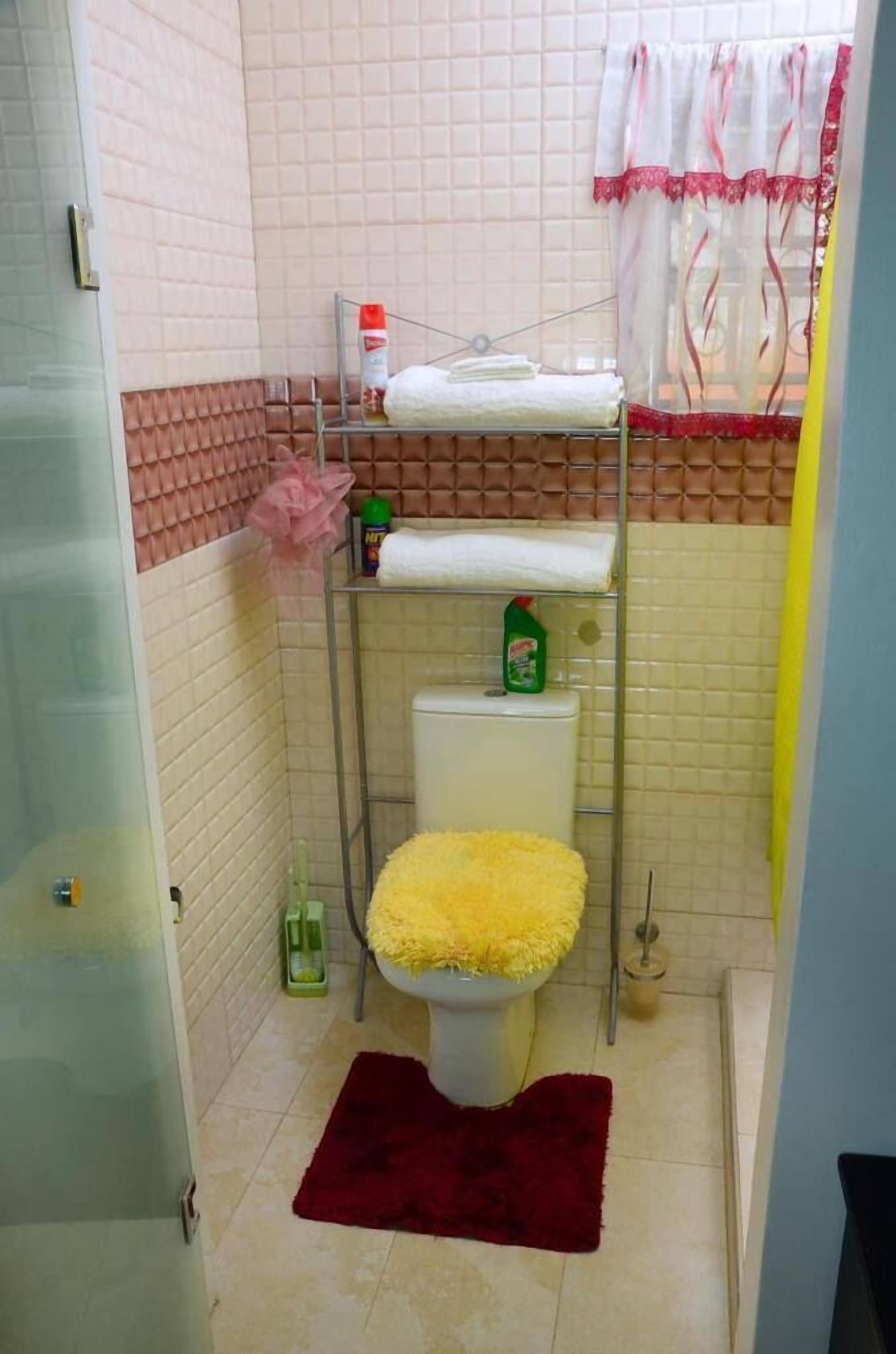 A small bathroom with a toilet, a shelf with toiletries, a shower curtain, and a red rug.