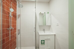 Chuveiro, secador de cabelo, toalhas de banho, sabonete