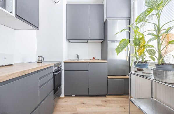 冷蔵庫、電子レンジ、オーブン、コンロ