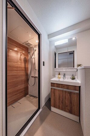 Shower, hair dryer, slippers, towels