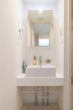 A small, modern bathroom with a white sink, a mirror above it, and a potted plant on the counter. - Lite House Dotonbori (Osaka)