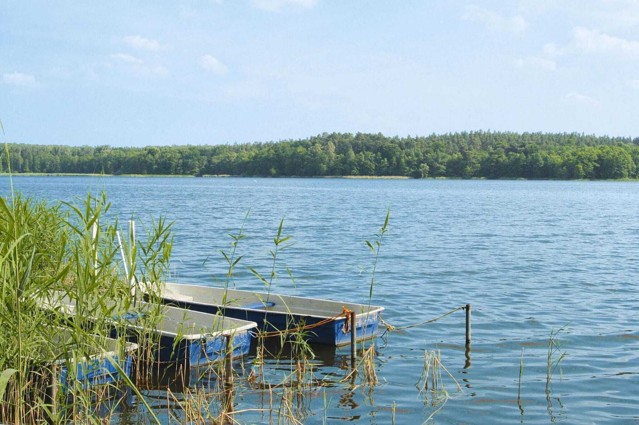 Un lac paisible, avec un quai et des bateaux, entouré d’une forêt dense.
