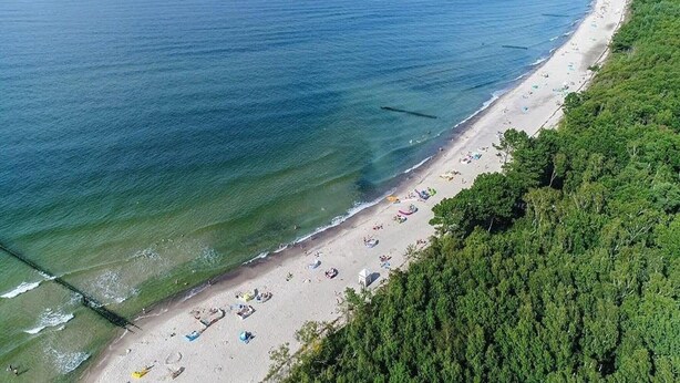 Une vue aérienne d’une plage avec une longue étendue de sable, une jetée qui s’avance dans l’eau et une végétation luxuriante d’un côté.