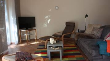 Een smart-tv, een dvd-speler, boeken en een stereo