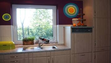 Een koelkast, een oven, een kookplaat, een vaatwasser