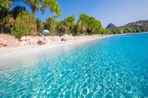 På stranden och solstolar