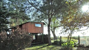 Una baita di legno con una porta in vetro, immersa tra alberi e recintata da una staccionata.
