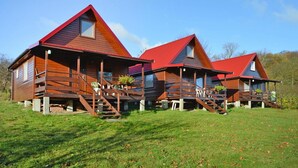 Une rangée de cabanes en bois aux toits rouges et aux terrasses en bois, nichées dans un champ verdoyant.