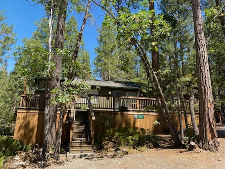 A cabin with a wooden deck and stairs leading to a covered area, surrounded by tall trees.