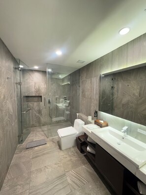 Premium kamer, uitzicht op stad | Badkamer | Een douche, een regendouche, een bidet, handdoeken