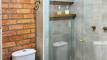 Ducha, secador de pelo, toallas y jabón