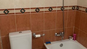 Ein Badezimmer mit Toilette, Dusche und Waschbecken.