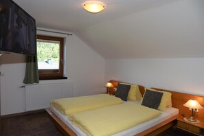 Une chambre avec deux lits, une fenêtre, un radiateur et un téléviseur fixé au mur.
