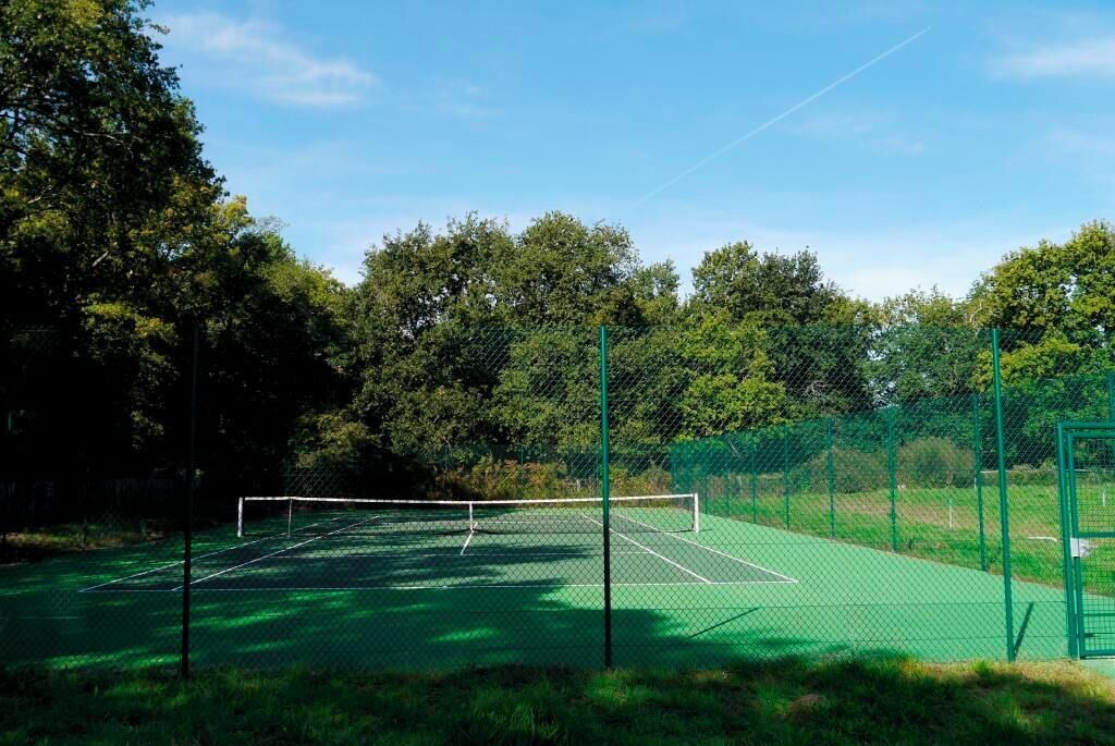 Ein Tennisplatz, umgeben von Bäumen.