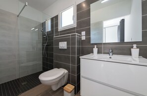 Shower, hair dryer, soap, toilet paper