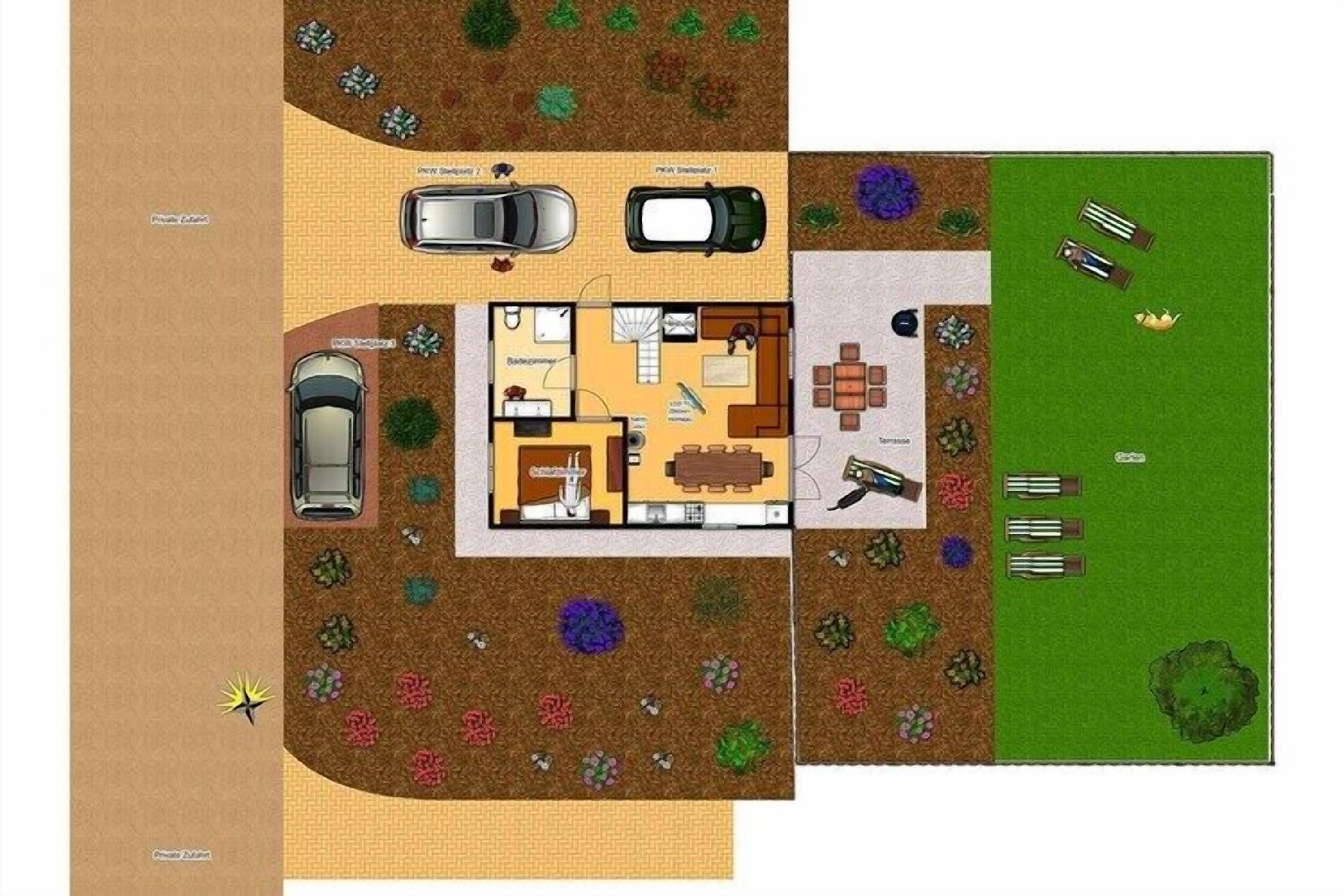 A house layout with a garage, two cars, a dining area, and a garden with various plants.