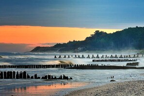 A coastal scene with a wooden breakwater extending into the sea, a pebbly beach, and a forested hill in the background.