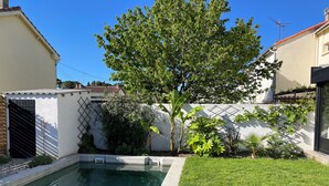 Una piscina con borde de azulejos, rodeada de un césped bien cuidado y diversas plantas.