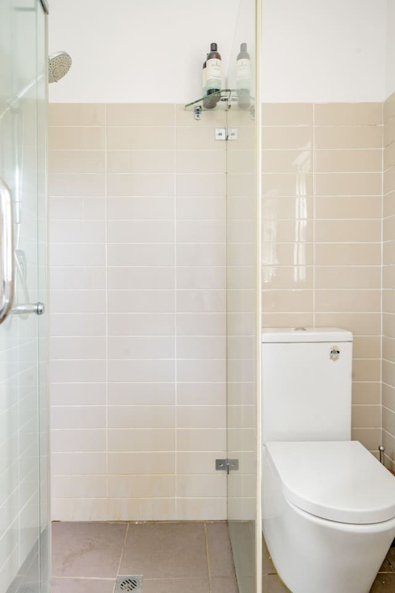 A bathroom with a glass-enclosed shower, a toilet, and a shelf with toiletries.